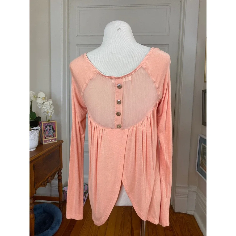 Jolt Peach Lace Mesh orange Long Sleeve Top Small Boho Button Back Cottagecore - Picture 6 of 8